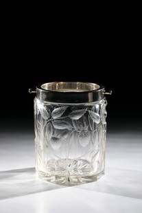 Cookie jar: Cookie Jar Austria, 20th Century Thick-walled, colorless glass. Sanded and circumferential in deep cut, this partly matted, strawberry bush branches with fruits, flowers and foliage. Silver mount with