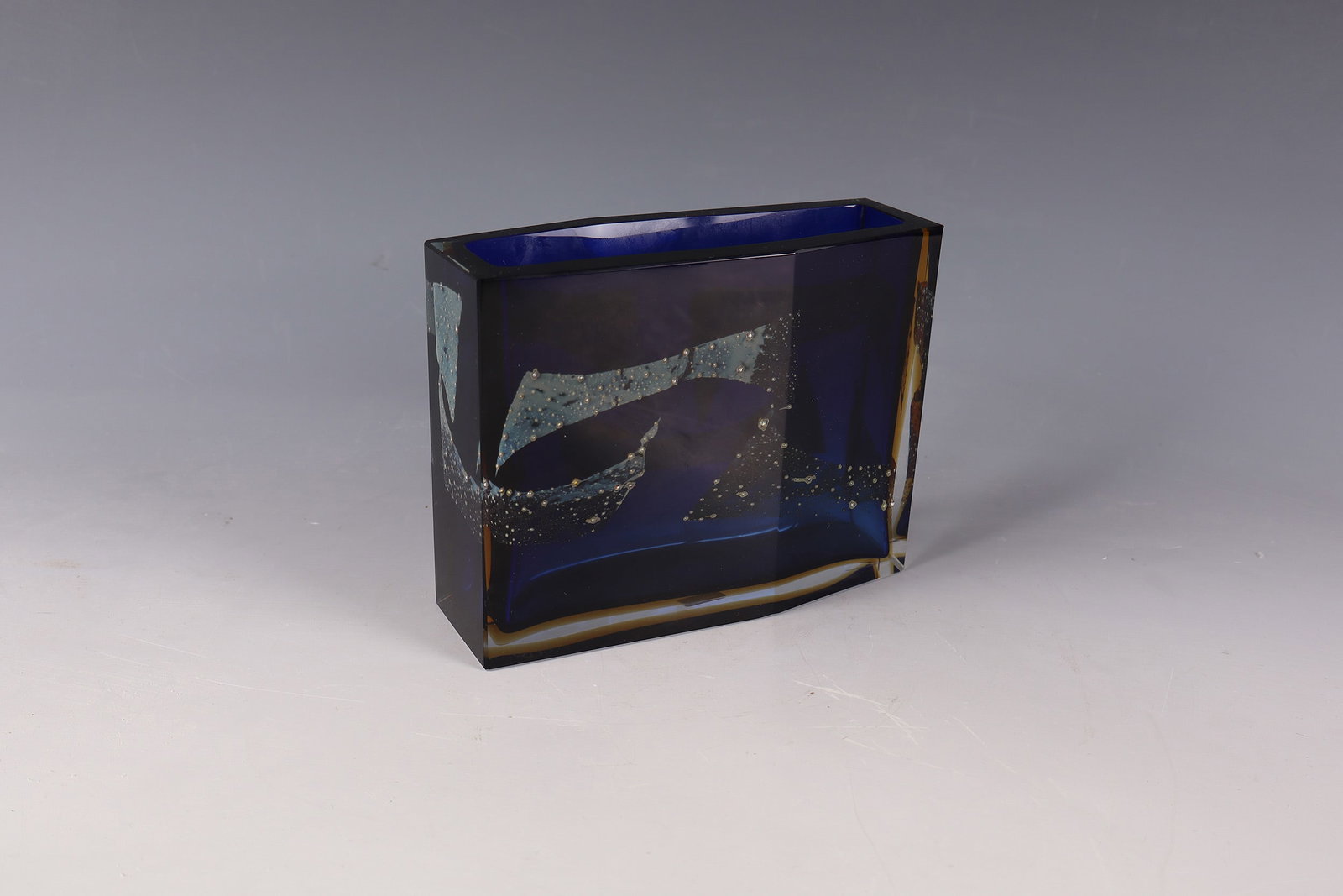 Vase: Vase Pavel Hlava (design) for Crystalex, EXBOR plant, Nový Bor, 1964 Colourless glass, brown and blue underlay, oxide melting, cut and polished. Underside with etched stamp ''EXBOR CZECHOSLOVAKIA'' H