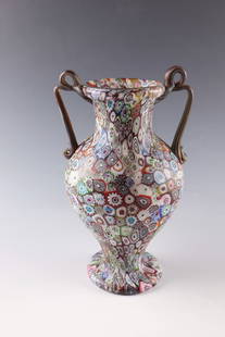 Large decorative vase ''Murrine'': Large decorative vase ''Murrine'' Fratelli Toso, Murano, c. 1904/05 Colourless glass with multi-coloured melted murrine. Surface acid-matted. The freely applied handles made of coloured marbled glass.