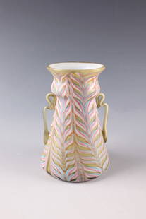 Decorative Handle Vase ''Fenicio'': Decorative Handle Vase ''Fenicio'' Fratelli Toso, Murano, c. 1900 Colourless glass, underlaid with white opal on the inside, with wavy combed threads in light yellow, white, light blue and pink on the