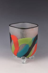 Vase: Vase Ioan Nemtoi, Romania Colorless glass. Polychrome décor made of melted paint streaks. Surface acid-matted. Black glass band applied to the edge of the muzzle. Standing on four appliquéd, fluted