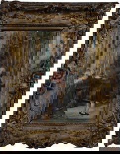 Austrian painter: Austrian painter 18th century/ beginning of the 19th century Church scene with praying people. A standing male figure looks at the altar and holds his tricorn hat in his hand. Oil on wood, gilded fram
