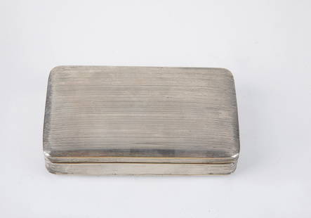 Cigar Box: Cigar box Netherlands, 1869 silver. Rectangular body with rounded corners and grooved decoration on the entire outer wall. Inside on the hinge cover with dedication ''1819 Mei. 1869 / Aan W. van der V