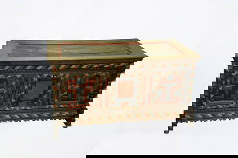 Chest: Alpine chest, 18/19th century Cherry wood, carved and painted in red, black and white. Rectangular body on four feet with flat hinged lid. Forged iron lock. Traces of age and wear. Key is missing. H.