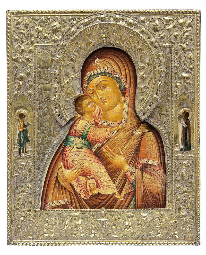 Gottesmutter von Wladimir mit Riza: Gottesmutter von Wladimir mit Riza modern Eitempera auf Kreidegrund auf Holz. Gewandfalten in Assistvergoldung. Das Messingriza mit reliefiertem Blattwerk verziert. Zwei Randheilige. 33 x 27,6 cm The