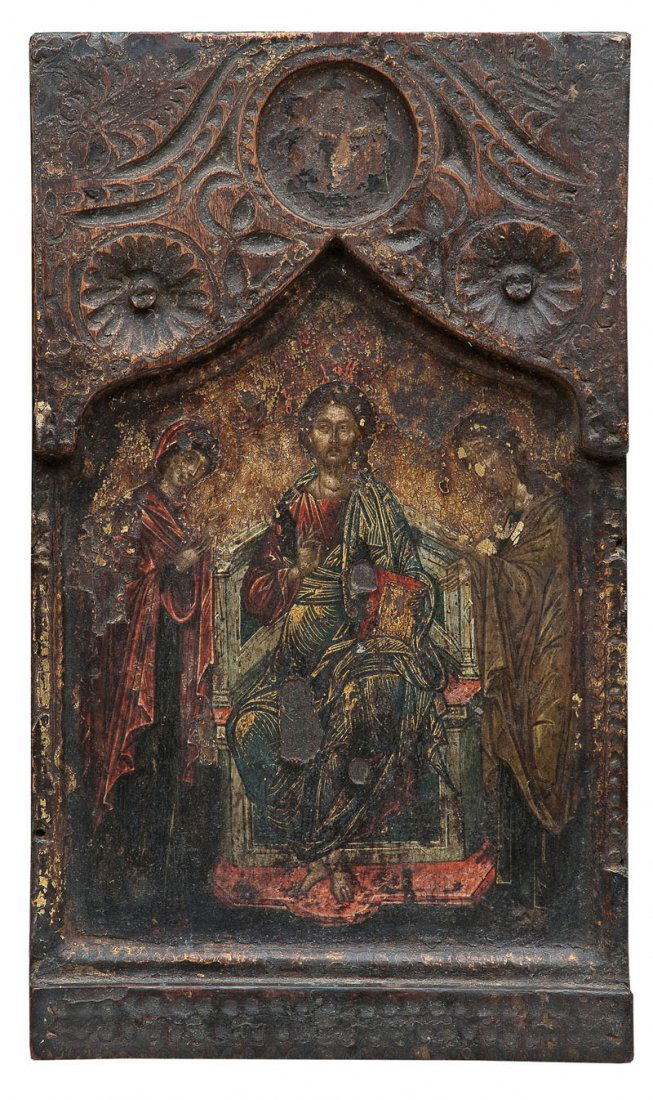 Feine Deesis: Feine Deesis Griechenland, 17. Jh. Laubholz-Tafel, Mittelteil eines Triptychons. Eitempera auf Kreidegrund, Vergoldung. Achsialsymmetrische Komposition mit dem thronenden Christus im Zentrum flankiert