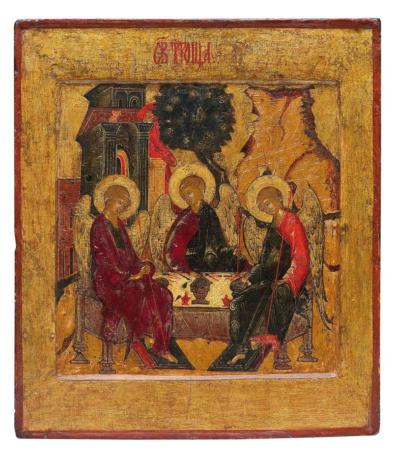 Feine Ikone mit der Heiligen Dreifaltigkeit (Alttestame: Feine Ikone mit der Heiligen Dreifaltigkeit (Alttestamentlicher Typus) Russland, Anfang 17. Jh. Nadelholz-Einzeltafel mit zwei Rückseiten-Sponki (einer verloren). Doppeltes Kowtscheg. Eitempera auf K