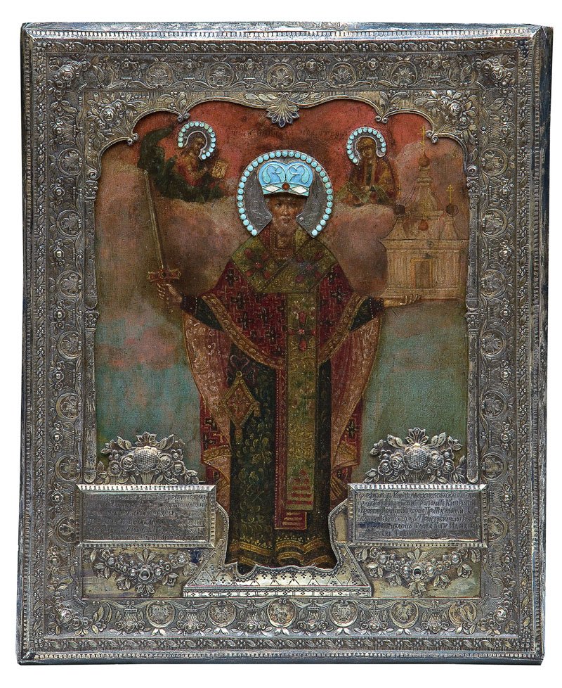 Feine Ikone mit dem heiligen Nikolaus von Moschaisk mit: Feine Ikone mit dem heiligen Nikolaus von Moschaisk mit Silberbasma Russland, Ende 18 Jh. (Ikone), Rjasan, 1839 (Basma) Aus zwei Laubholz-Brettern zusammengefügtes Bildfeld mit zwei Stirnseiten-Sponk