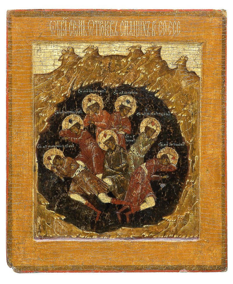 Die Sieben Schläfer von Ephesos: Die Sieben Schläfer von Ephesos Russland, 17. Jh. Nadelholz-Einzeltafel mit einer Rückseiten-Querleiste (verloren). Kowtscheg, Lewkas, Eitempera. Bildfüllende Darstellung einer Höhle mit sieben sc