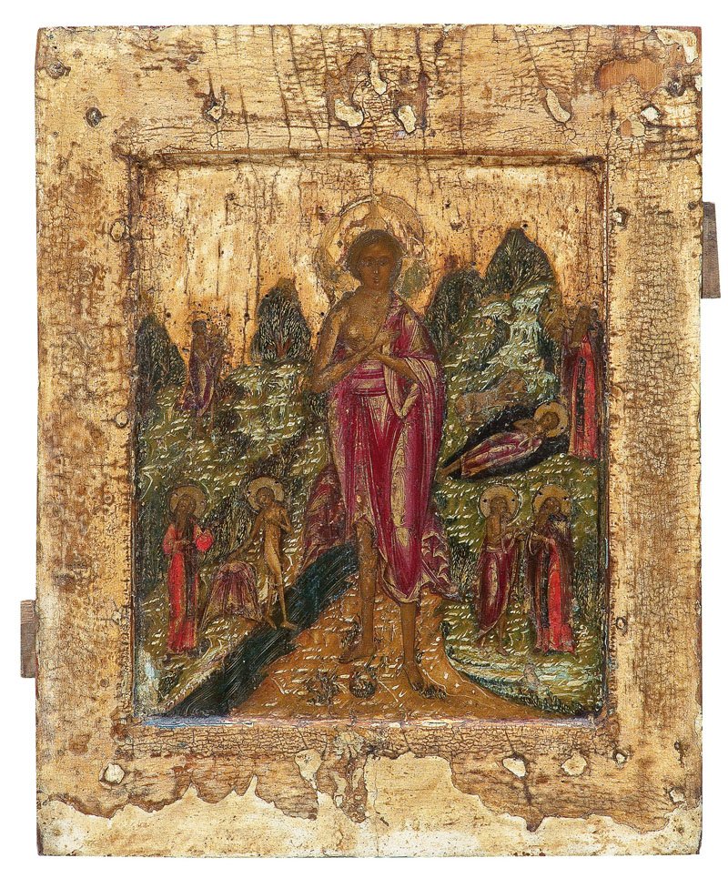Maria von Ägypten: Maria von Ägypten Russland, 18. Jh. Laubholz-Einzeltafel mit zwei Rückseiten-Sponki. Kowtscheg. Tempera auf Kreidegrund. Im Zentrum der Komposition die ganzfigurige Darstellung der Heiligen. Zu beid