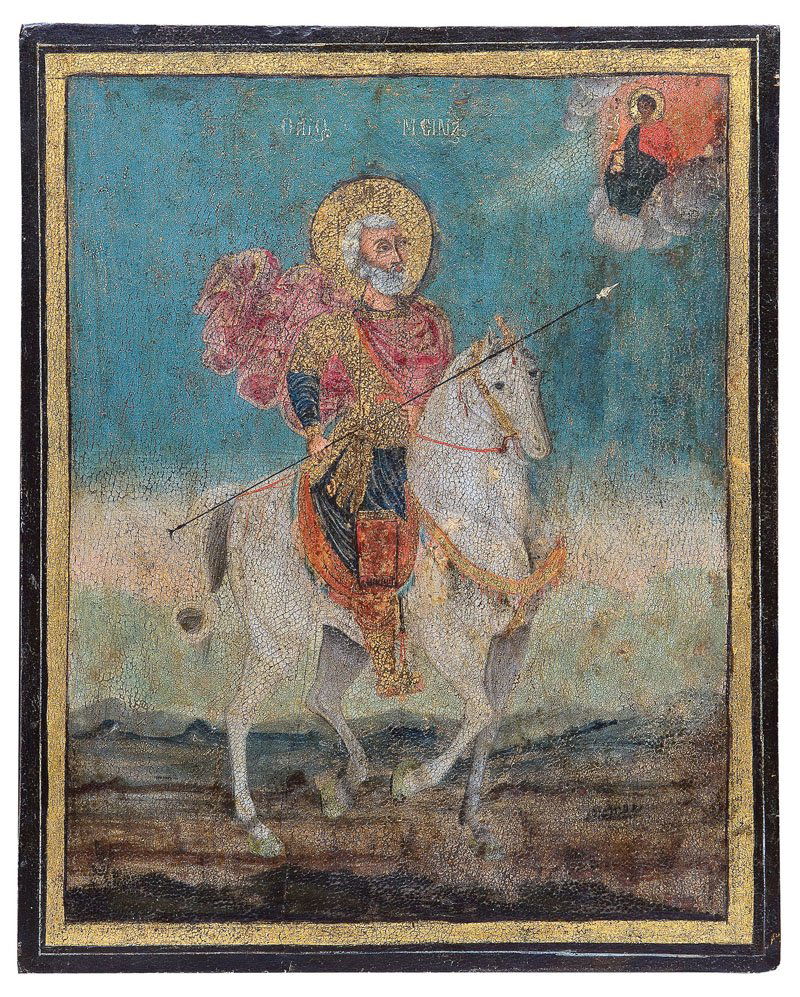 Große Ikone mit dem heiligen Menas: Große Ikone mit dem heiligen Menas Griechenland, 2. Hälfte 19. Jh. Laubholz-Einzeltafel. Tempera auf Kreidegrund, partielle Vergoldung. Bildfüllende Darstellung des heiligen Menas im Brustpanzer zu