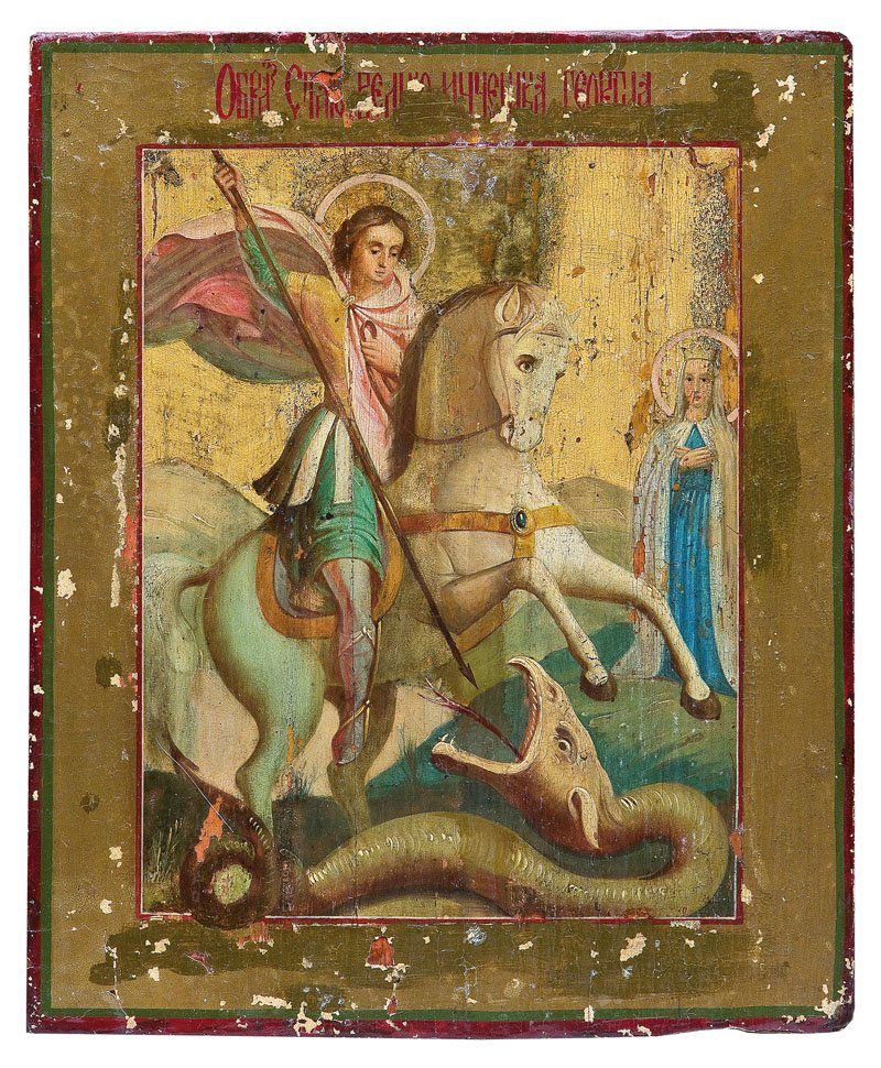Heiliger Georg der Drachentöter: Heiliger Georg der Drachentöter Russland, um 1900 Laubholz-Einzeltafel mit zwei Stirnseiten-Sponki. Eitempera auf Kreidegrund, Hintergrund vergoldet. In realistischer Manier wiedergegebene Darstellun