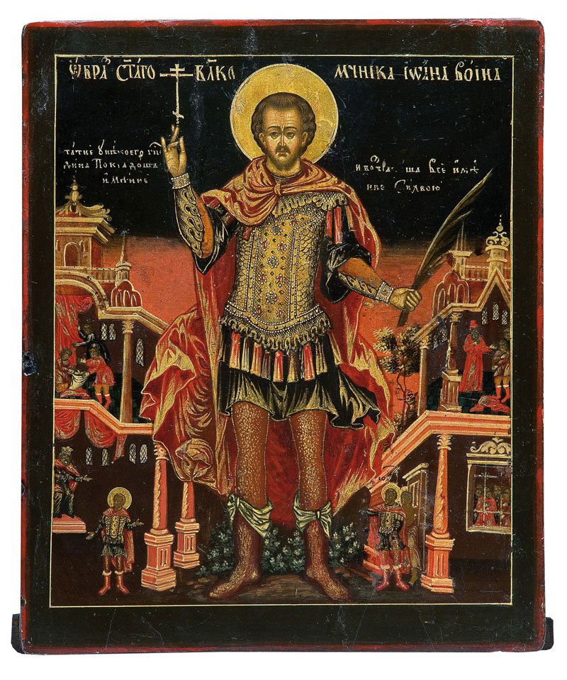 Johannes der Krieger mit Szenen aus seinem Leben: Johannes der Krieger mit Szenen aus seinem Leben Russland, Anfang 18. Jh. Laubholz-Einzeltafel mit zwei Stirnseiten-Sponki. Eitempera auf Kreidegrund, partielle Vergoldung. In der vertikalen Bildachse