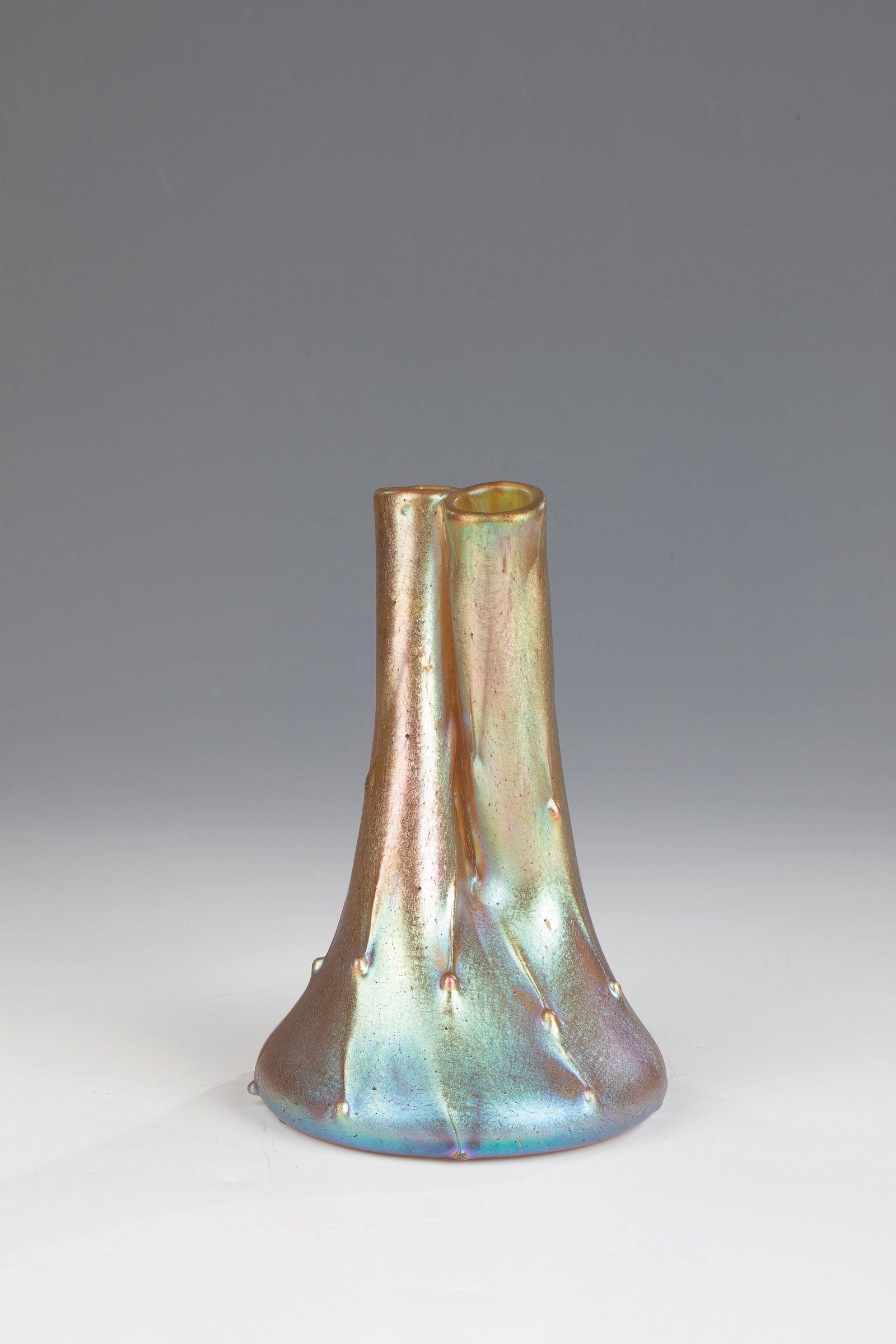 Tubular Neck Vase ''candia Silver Iris'': Tubular neck vase ''candia silver iris'' Loetz Wwe., Klostermühle, c. 1900 Colourless glass with dense silver-yellow powder melting. Two tubular necks freely drawn from the glass body, decorated with