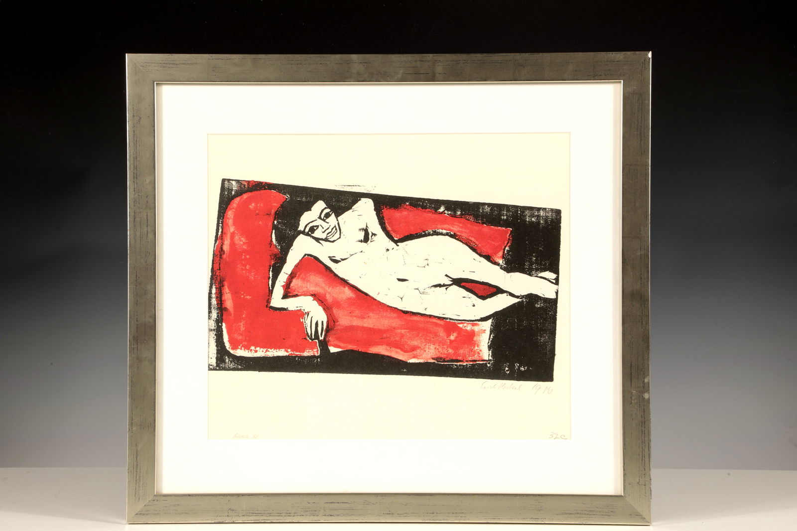 Erich Heckel: Erich Heckel 1883 Döbeln - 1970 Radolfzell lying on Lake Constance Fränzi, 1910, colour woodcut on vergé paper, signed and dated by hand lower right. Framed in a passe-partout behind glass. Frame s
