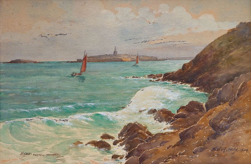 Felix Bizien: Bizien, FelixFelix Bizien 1876 - 1946 Dinard. Point ou Moulinet. 1940. Aquarell auf Papier. Unten rechts signiert und datiert, links bez. Hinter Glas gerahmt. Sehr guter Erhaltungszustand. 26 x 38 cm 