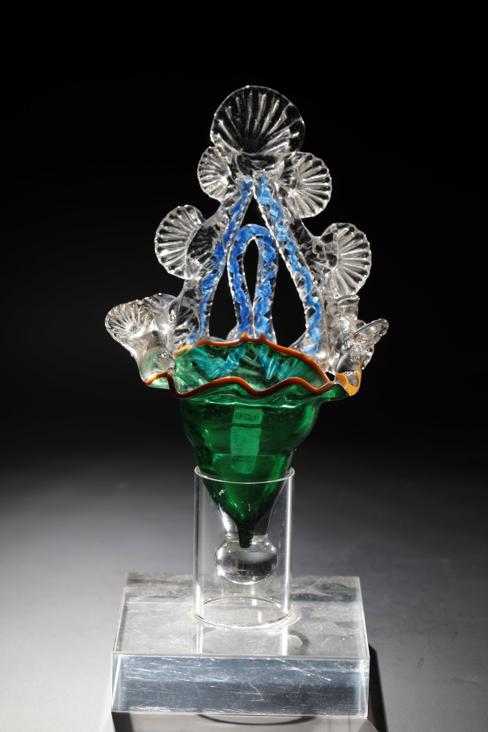 Holy water vessel: Holy water vessel Bavarian Forest, 19th century Colourless glass, bell-shaped basin with green underlay. Massive stand with pipe tee. Wavy edge of the pool with applied glass thread in orange. Drawn a