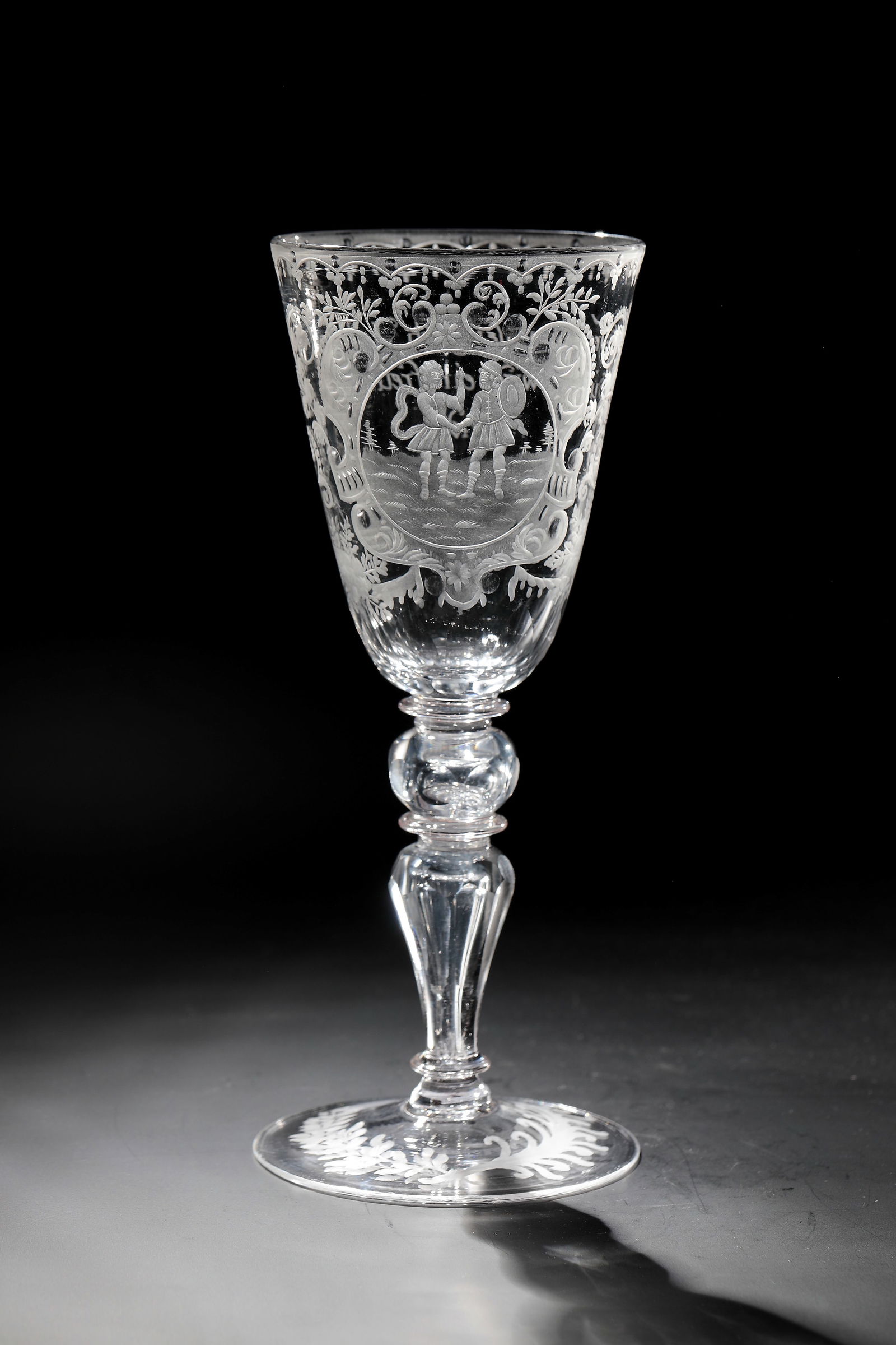 Grand Friendship Cup with Jonathan and David: Large Friendship Cup with Jonathan and David Middle German, M. 18th century. Disc base with crossed palm branches. Hollow baluster shaft, faceted the spherical nodus between two disc nodi and the