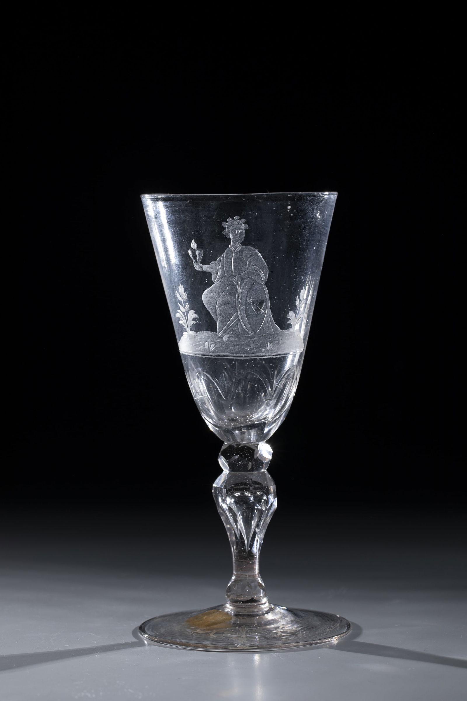 Goblet with Allegory of Love: Goblet with Allegory of Love Middle German, 18th century. Disc base with tear and cut rocaille decoration on top. Faceted baluster shaft and nodus. Attachment of the conically widened cuppa with point