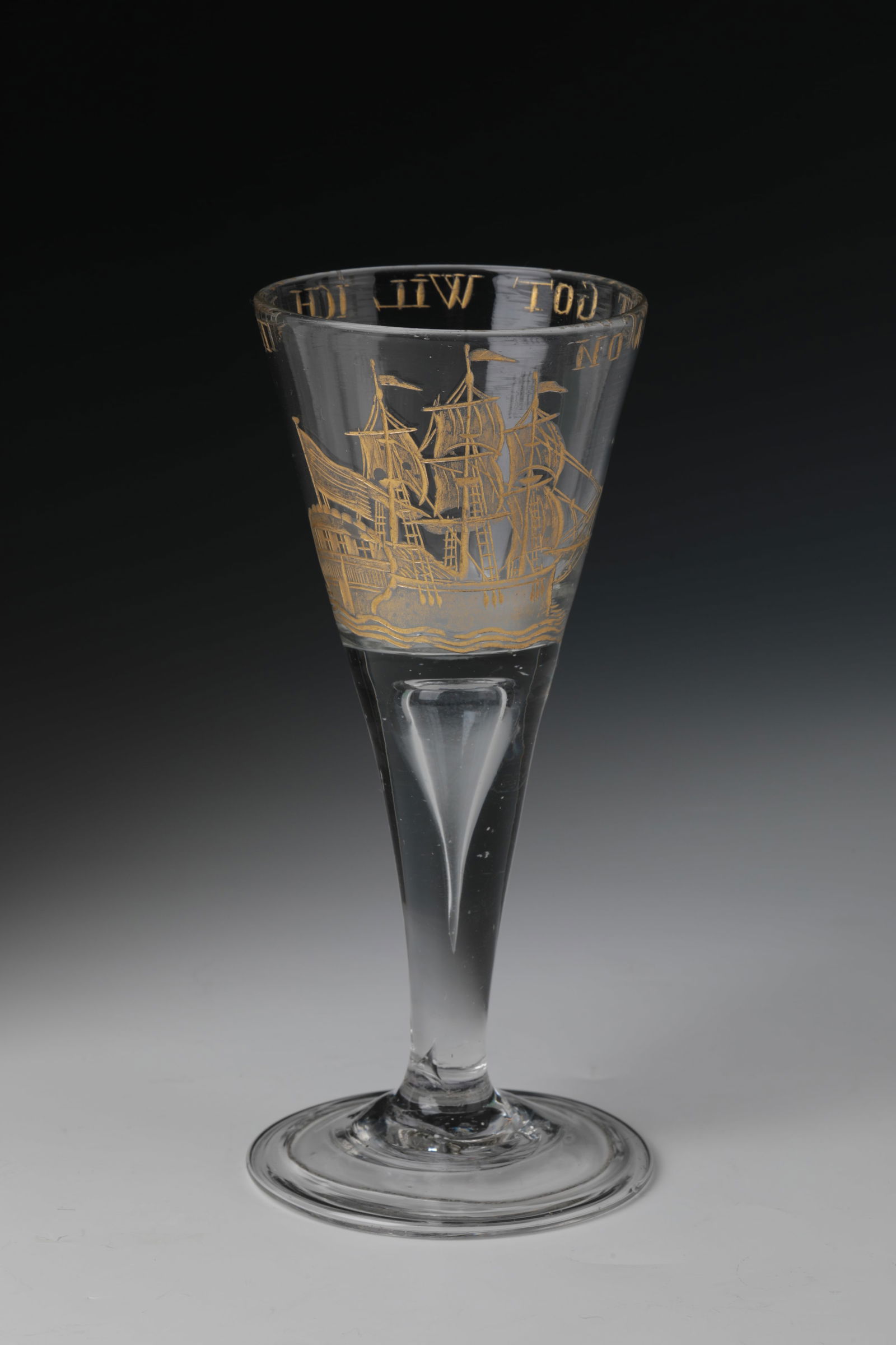 Goblet with Merchant Ship: Goblet with merchant ship North German, 18th century Colourless glass with tear-off. Disc base with the edge folded downwards. Shaft with pierced air bubble merging into conically widened cuppa.