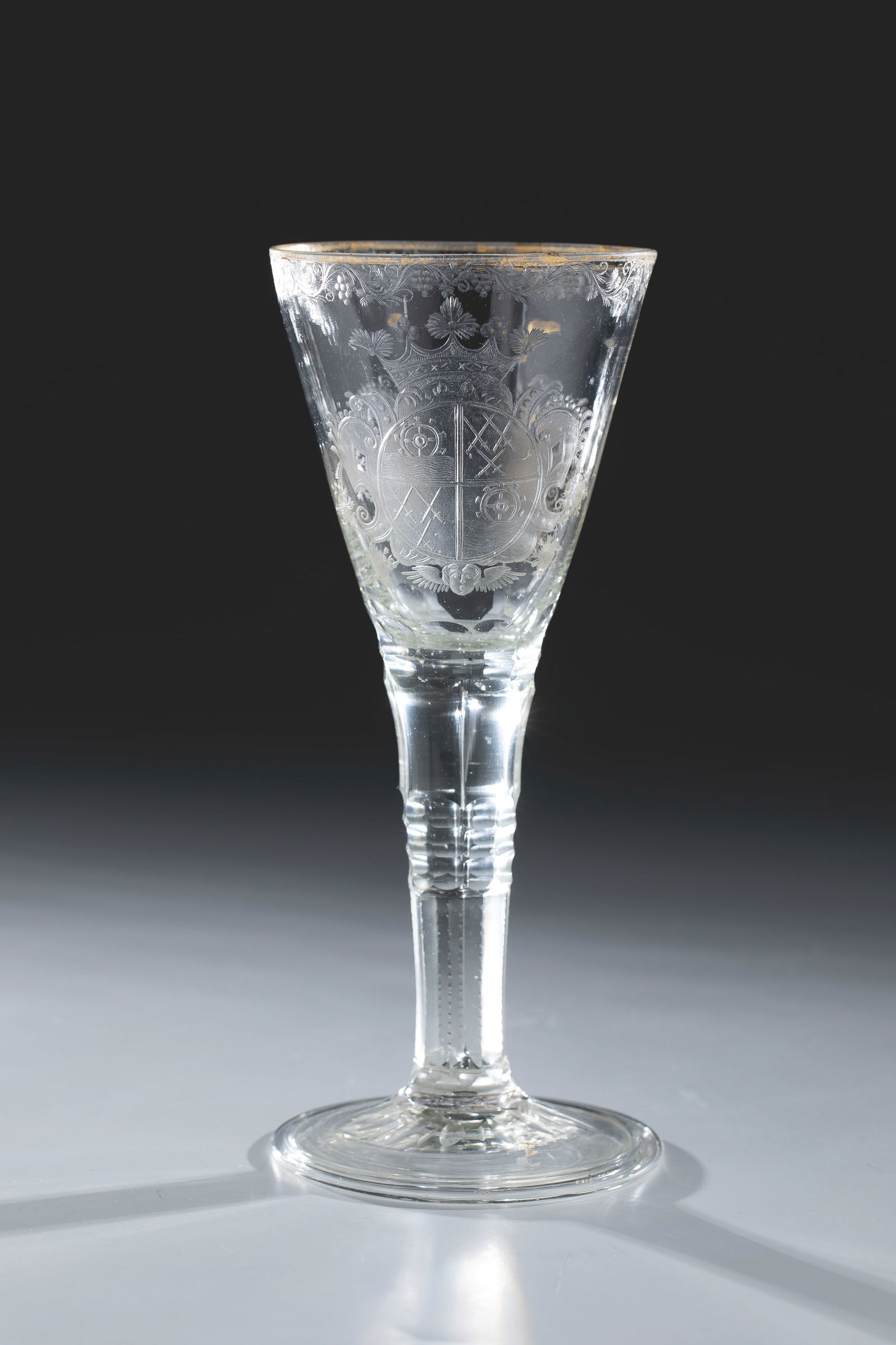 Chalice with coat of arms and monogram: Chalice with coat of arms and monogram of Saxony or Thuringia, 1st v. 18th century. Attachment of the shaft with pierced air bubble faceted with notched edges, honeycomb faceted in the middle and