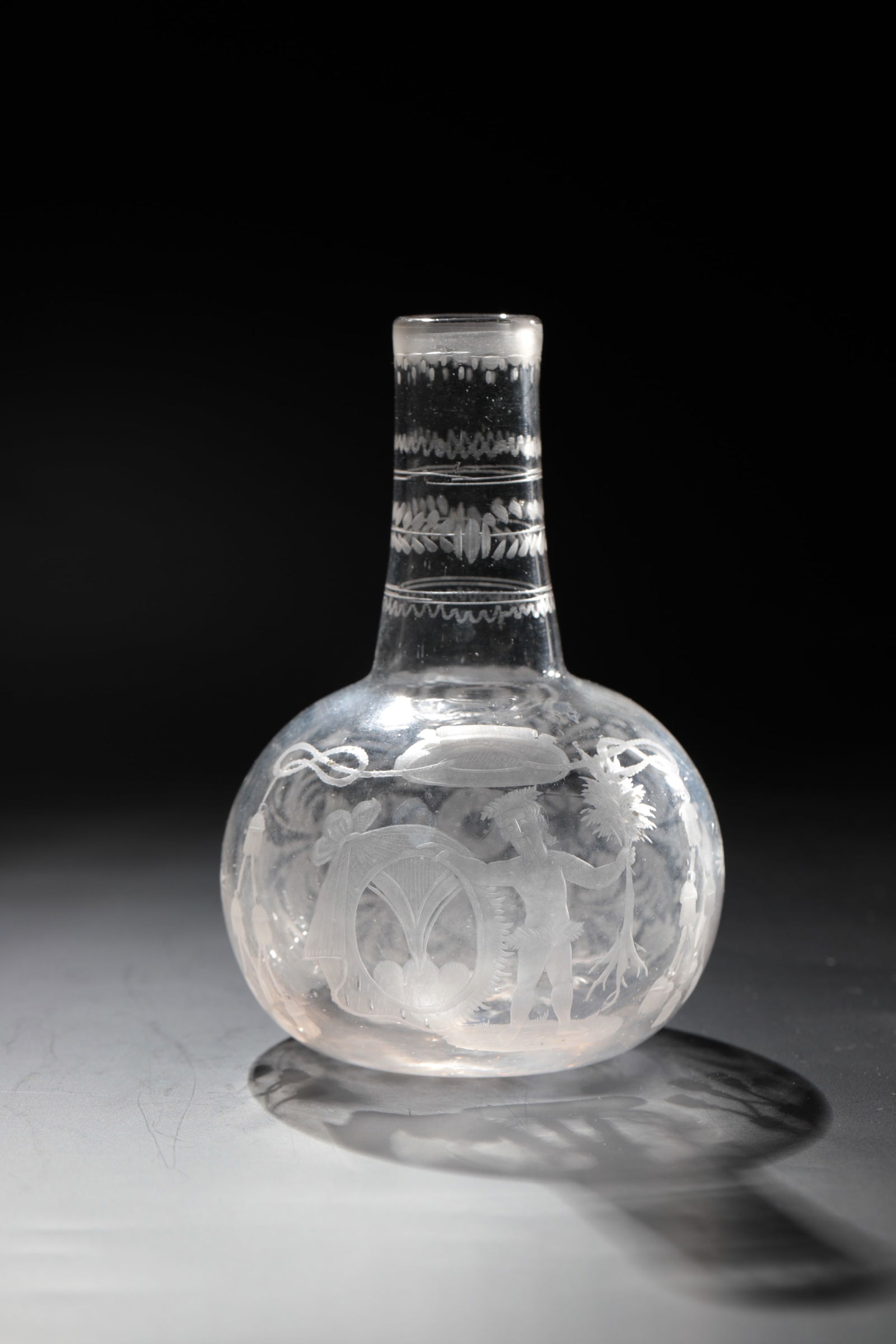 Mouth caraffin with bishop's coat of arms: Mouth caraffin with bishop's coat of arms, 18th century, colourless glass with tear and slightly raised bottom. Bulbous wall with heraldic representation: Bishop's coat of arms under bishop's hat,
