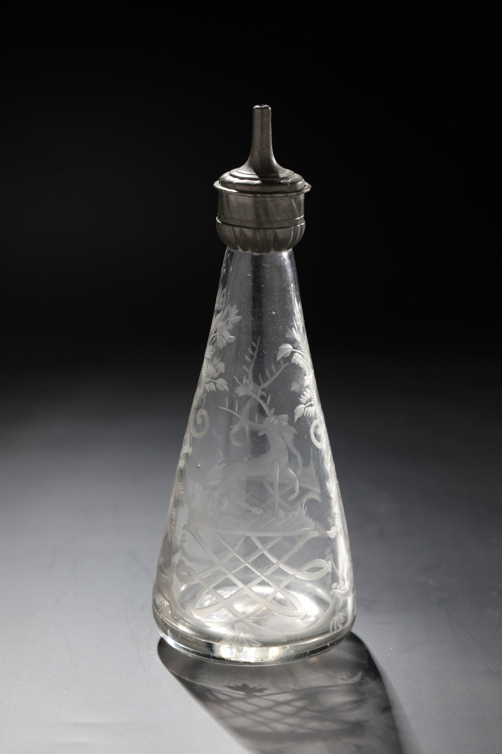 Rare Infant Bottle with Deer Motifs: Rare infant bottle with deer motifs German or Bohemia, 18th century. On the wall tapering upwards, a depiction of a striding twelve-pointer in double repeat between two floral arabesques. Screw