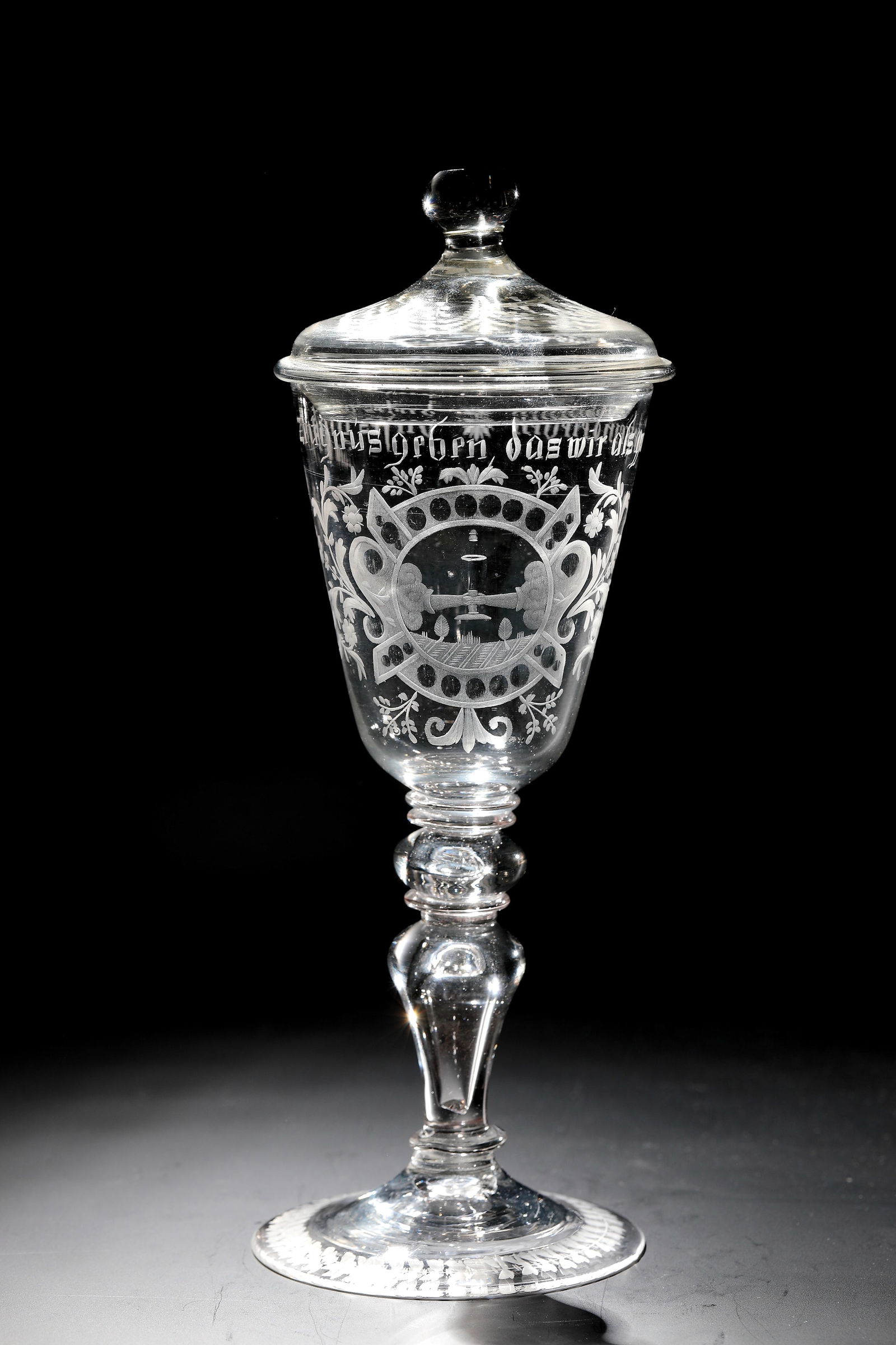 Friendship Cup with lid: Friendship cup with lid Bohemia, 18th century Colourless glass with tear-off. Slightly rising disc base with cut leaf border. Hollow baluster shaft with pressed ball nodus between two ring discs. On