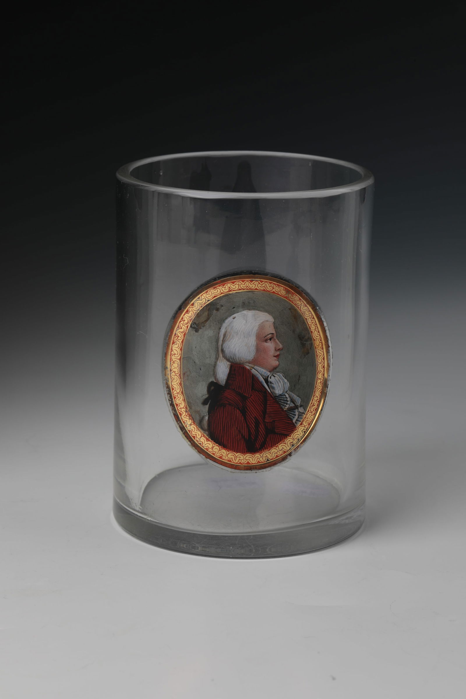 Mug with portrait medallion: Beaker with portrait medallion Inscribed ''Mildner fec á Gutenbrunn 1799'' Colourless glass with a flat-ground bottom. Frontal on the cylindrical wall oval medallion with finely painted portrait of a