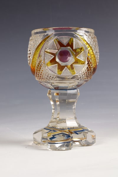 Cup: Trophy workshop Friedrich Egermann, Blottendorf or Haida, North Bohemia, around 1840 Colourless, partly colourfully glazed glass, richly decorated with stone and hatching ornaments. Minimal pellets