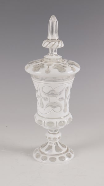 Lidded cup: Lidded goblet Bohemia, c. 1840 Colourless glass with tin enamel overlay and rich, ornamental cut decoration. H. 28 cm