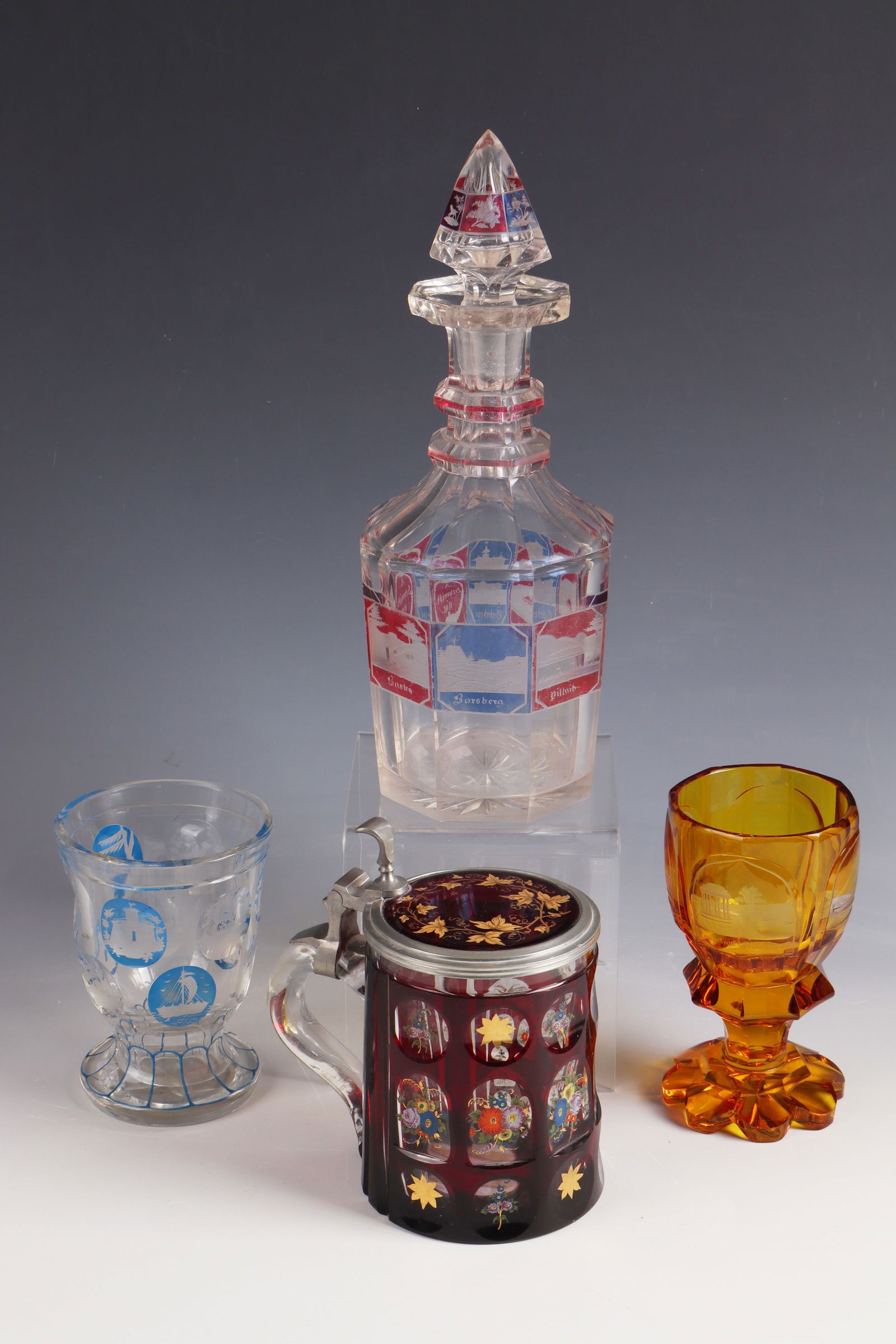 Mixed lot bottle with stopper. two foot cups and lidded jug (1 of 1)