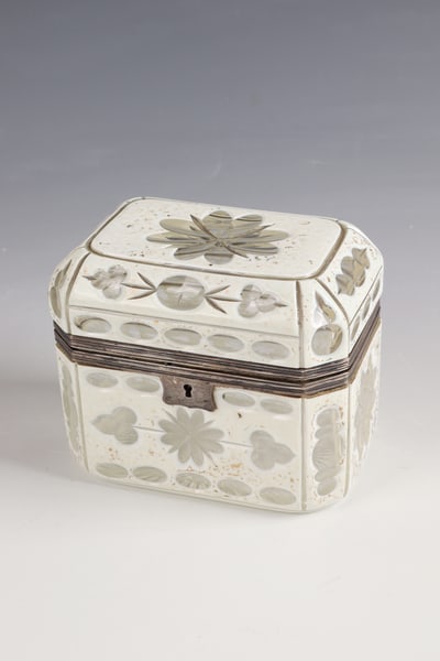 Lidded jar: Lidded box Bohemia, around 1860 Rectangular body with flattened edges. Colourless glass overlaid with tin enamel with ornamentally cut decoration. Remnants of heavily rubbed gold decoration.