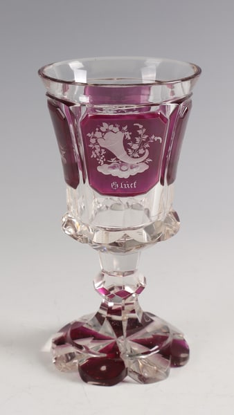 Goblet with allegories: Goblet with allegories of Bohemia, c. 1840 Colourless glass, partly glazed violet. Perfectly ground foot, peeled shaft, bell-shaped cuppa with four high-cut fields. In it, allegorical representations