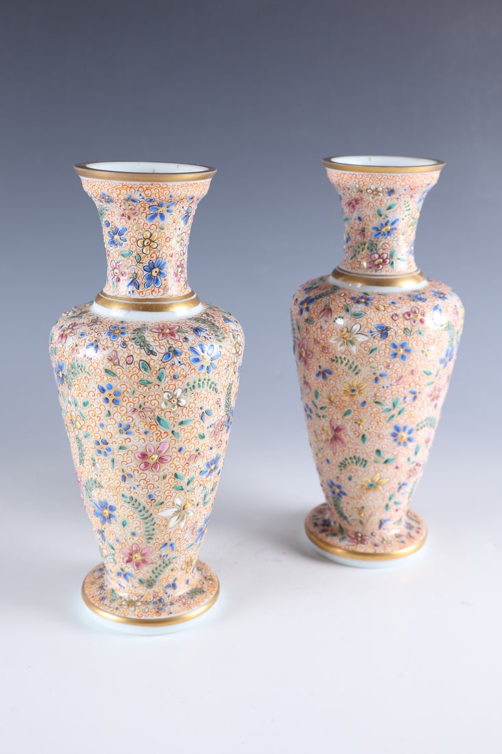 Pair of vases: Pair of vases Circa 1880 Frosted glass in oriental style with full-filling, impasto, gold-contoured floral tendril decoration in polychrome enamel colours and orange C flourishes. H. 24.5 cm.