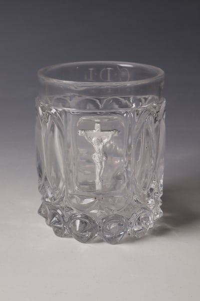 Paste cup with crucifix: Paste cup with crucifix France or Belgium, 1st half of the 19th century Pressed glass, colourless glass, paste portrait glazed on the front (so-called incrustation). Initials ''C.D.L.'' cut at the