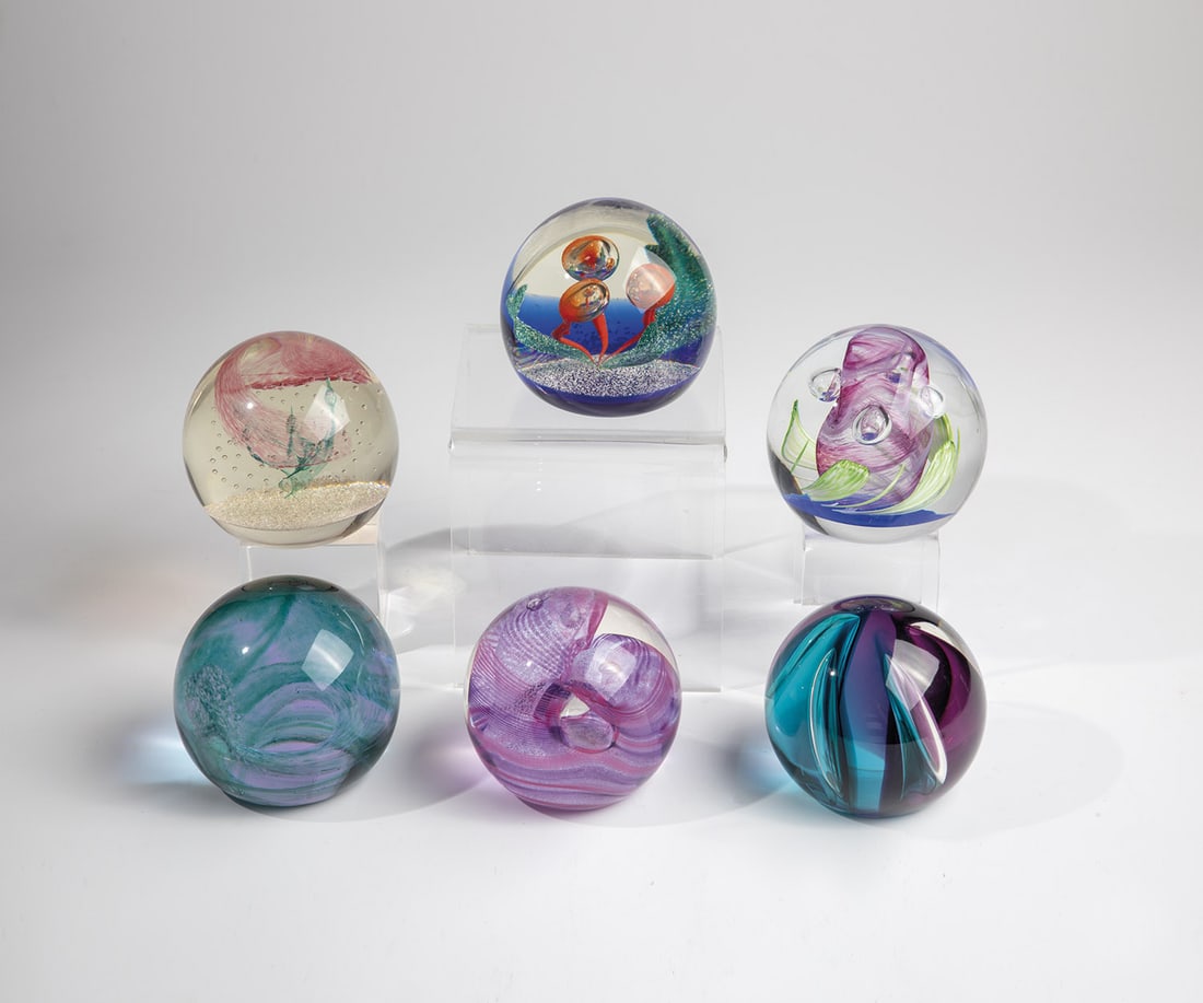 Six paperweights: Six paperweights, Scotland, Caithness, end of the 20th century, mixed lot of six paperweights including ''Melody'',''Accord'' 6/750,''Windchimes'','Elfin Dance'' 114/750,''Oriental Silk'' and illegibl