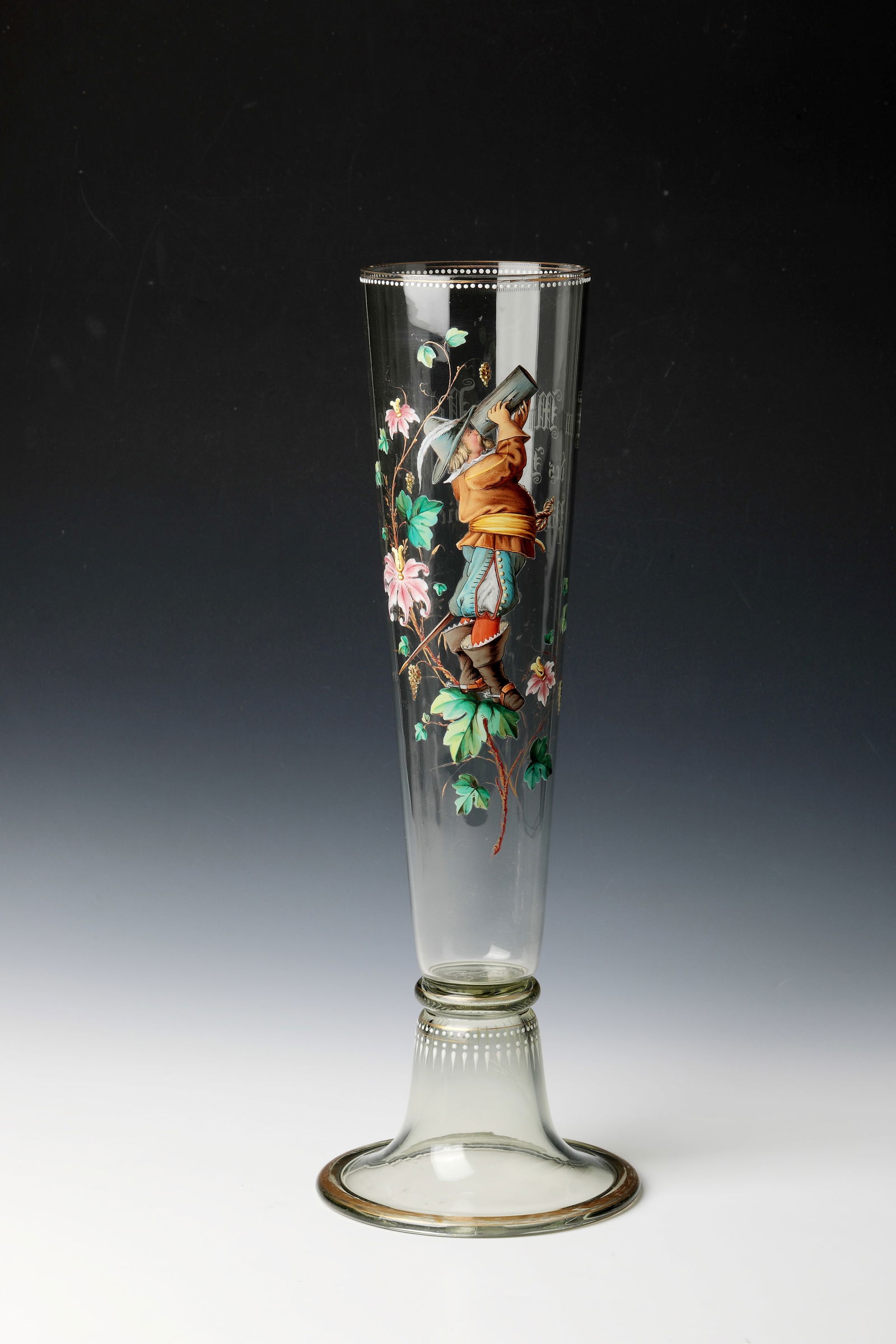 Large beer bar: Large beer bar German, probably Theresienthal, around 1880 Light green glass. Trumpet foot with gilded. folded downwards. Conically widened,. long cuppa. Frontal in fine, polychrome enamel painting de