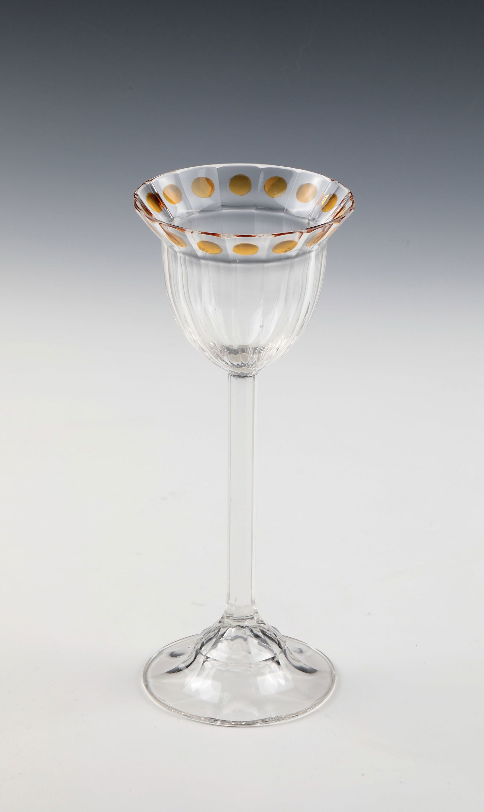Rare wine glass: Rare wine glass Otto Prutscher (design), Meyr's nephew, Adolf, c. 1909 Colourless glass with yellow stain. High-arched foot, stem shaft and cuppa with all-round peel grind (cuppa 16 parts, foot and st