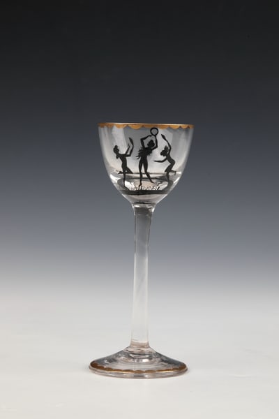 Liqueur glass: Liqueur glass by Adolf Beckert (design), Glasfachschule Steinschönau, Glasmanufaktur Friedrich Pietsch (execution), c. 1916 Colourless glass with black solder painting: Circumferential décor: