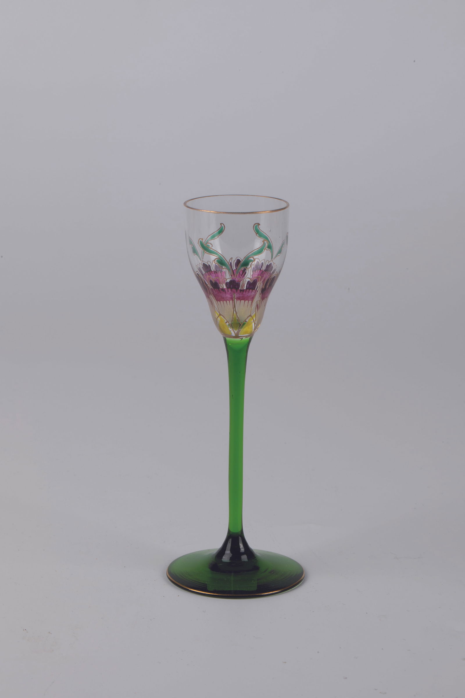 Liqueur glass: Liqueur glass Theresienthal crystal glass manufactory, around 1900 Optically blown cuppa made of colourless glass all around with gold-contoured transparent enamel painting: stylised flowers. Shaft ma