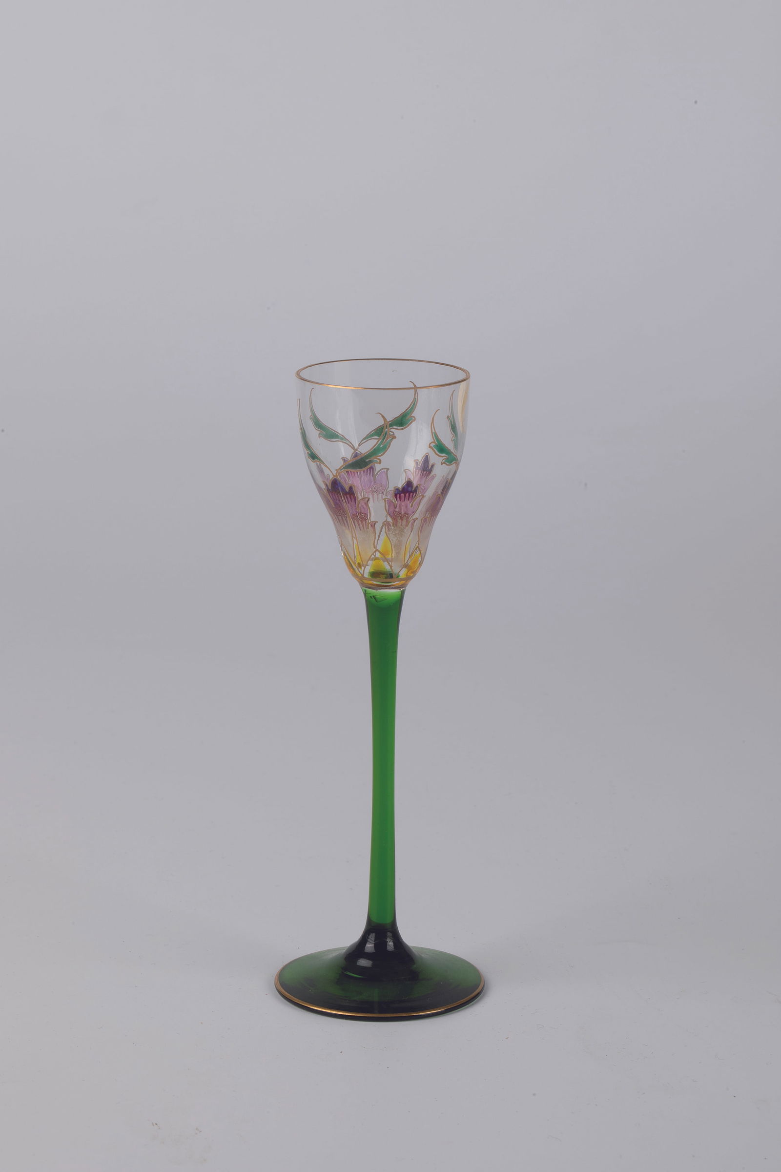 Liqueur glass: Liqueur glass Theresienthal crystal glass manufactory, around 1900 Optically blown cuppa made of colourless glass all around with gold-contoured transparent enamel painting: stylised flowers. Shaft ma