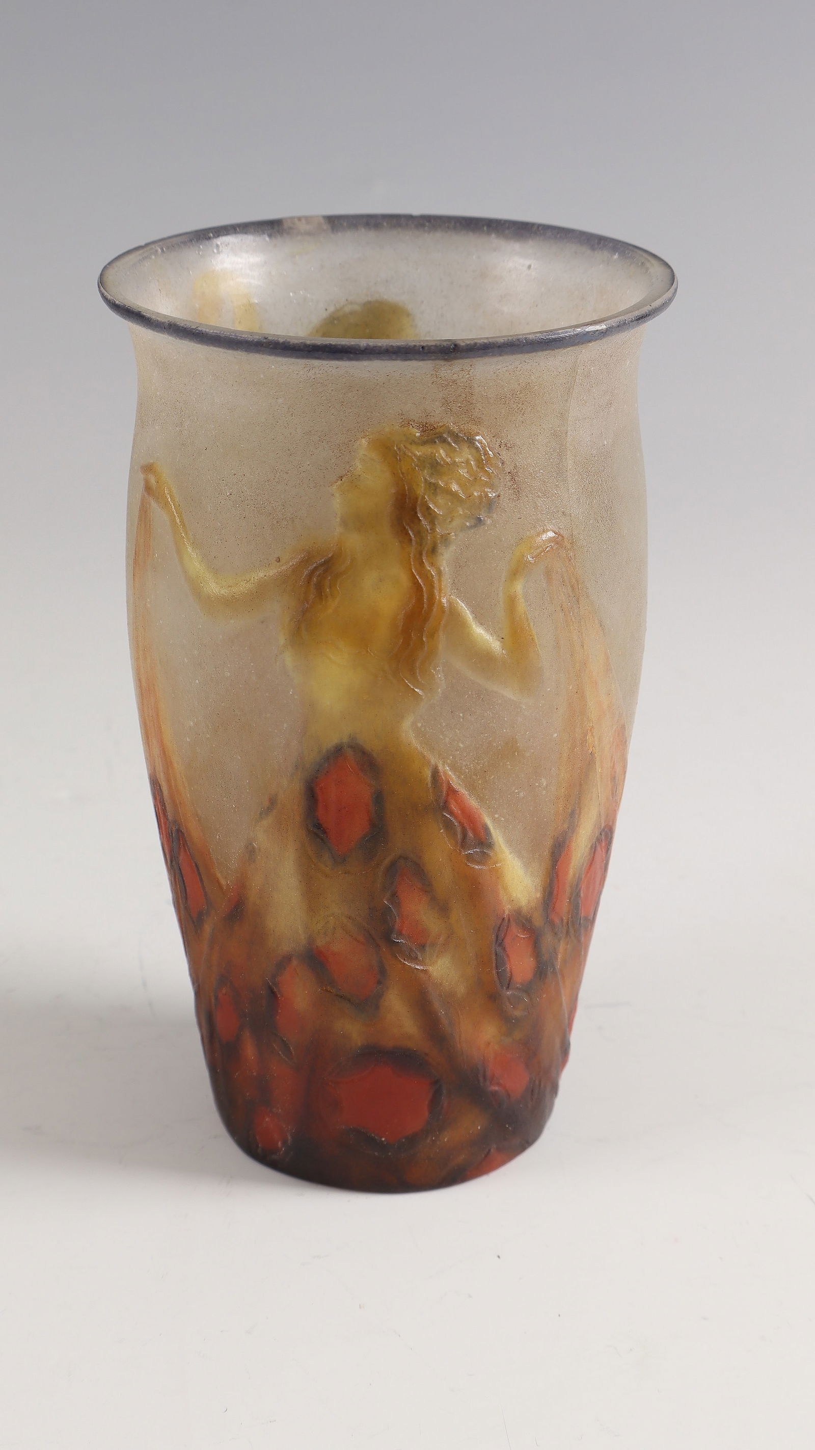 Rare Vase with Veil Dancers ''Danseuses'': Rare vase with veil dancers ''Danseuses'' G. Argy - Rousseau, 1928 Pâte de verre, multicoloured, moulded. On the lower wall and in the bottom inscribed: G. ARGY-ROUSSEAU FRANCE (deep-pressed). Jump.