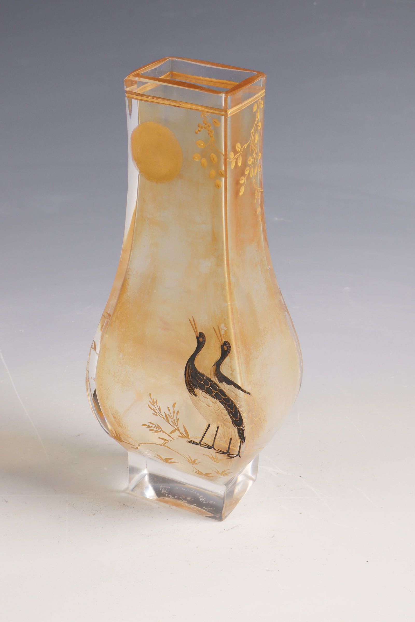 Vase with cranes ''Deux grues face au soleil'': Vase with cranes ''Deux grues face au soleil'' Cristalleries de Baccarat, 1878 Colourless glass, cut, engraved, black enamelled and gilt. Gold lustrated. Underside inscribed: L'Escalier de Cristal