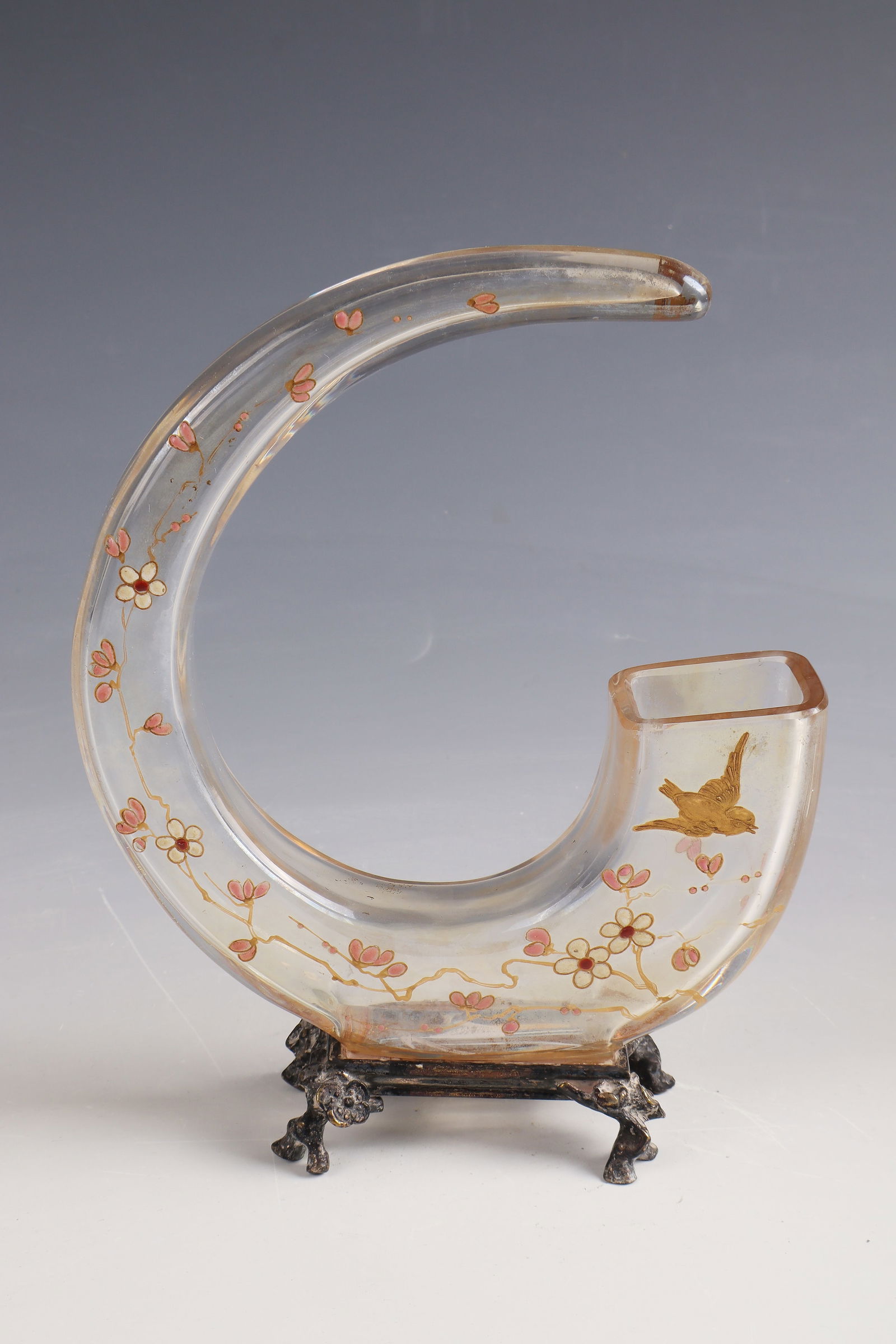 Vase with bird and flower branch ''Croissant de Lune'': Vase with bird and flower branch ''Croissant de Lune'' Cristalleries de Baccarat, 1878 - 1884 Colourless glass with colourful opaque enamel and gold painting. Silver-plated bronze mount. On the