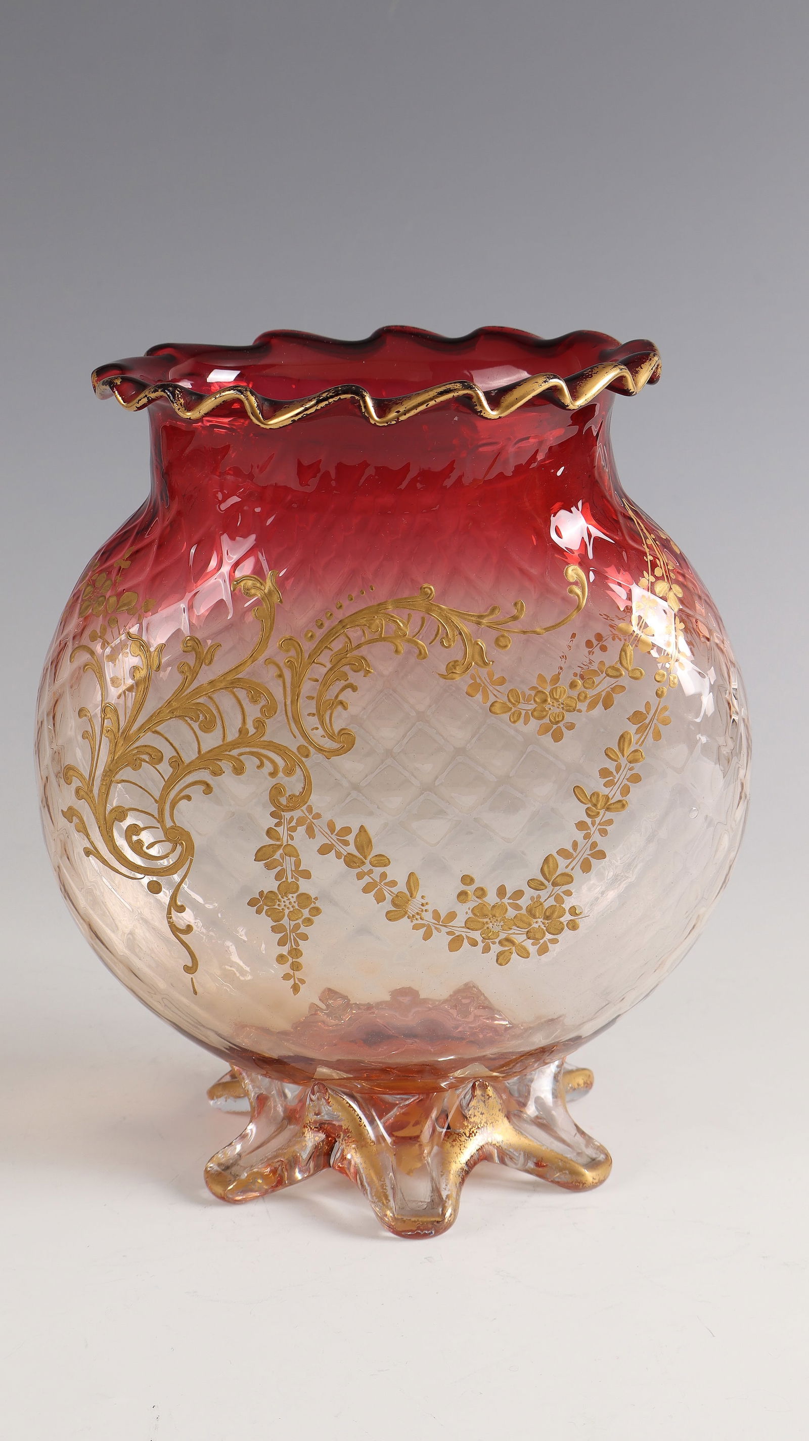 Vase: Vase Cristalleries de Baccarat, 1872 - 1874 Colourless, optically blown glass, gradient red underlay. Decorated in polished and relief gold. Mouth wave-shaped. Foot melted. Underside with original adh