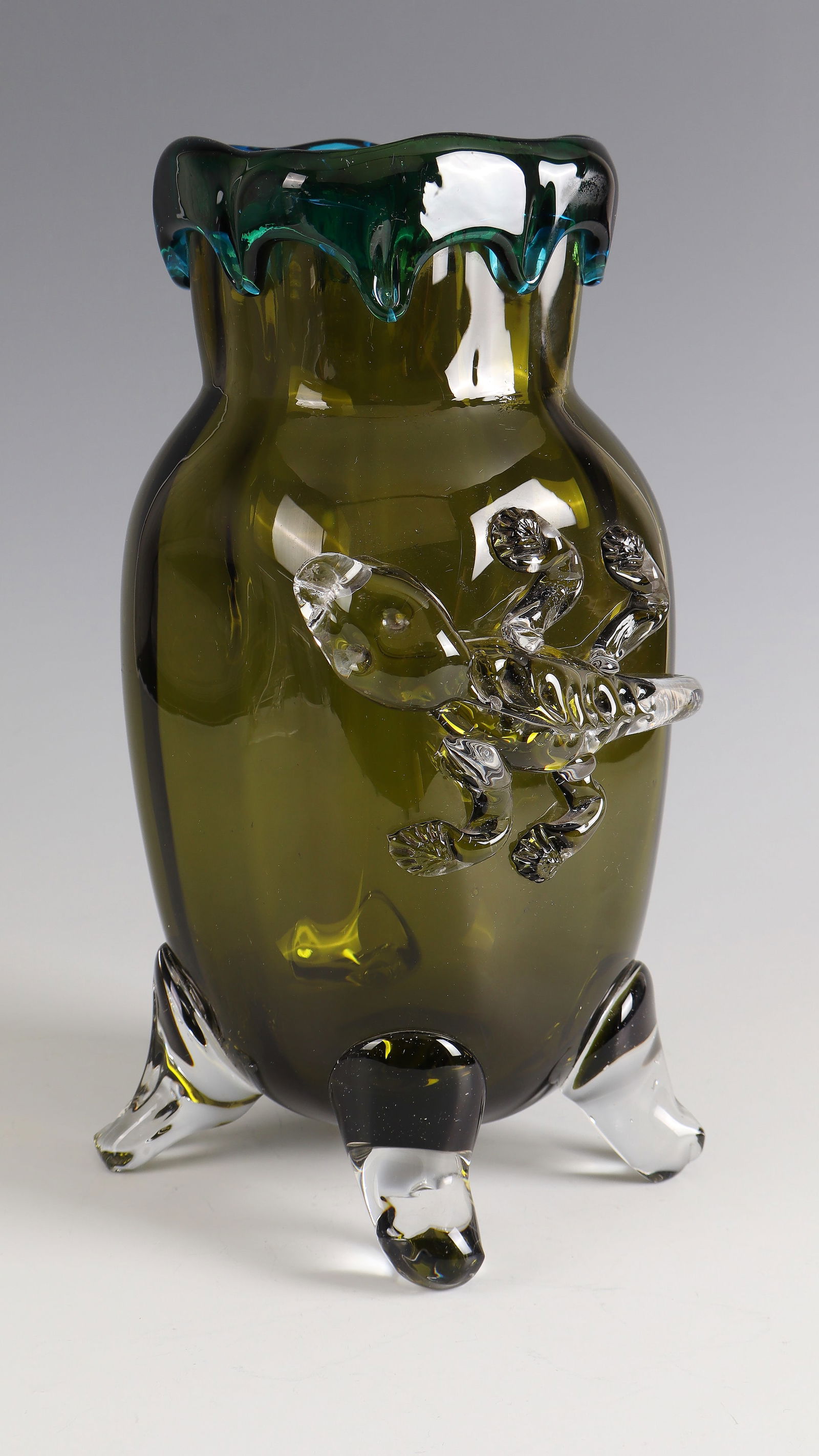 Vase with Salamander: Vase with Salamander Cristallerie de Clichy, 1872 - 1874 Olive-green, optically blown glass with plastically applied salamander in colourless glass. Foot appliqués in colourless. Square muzzle with