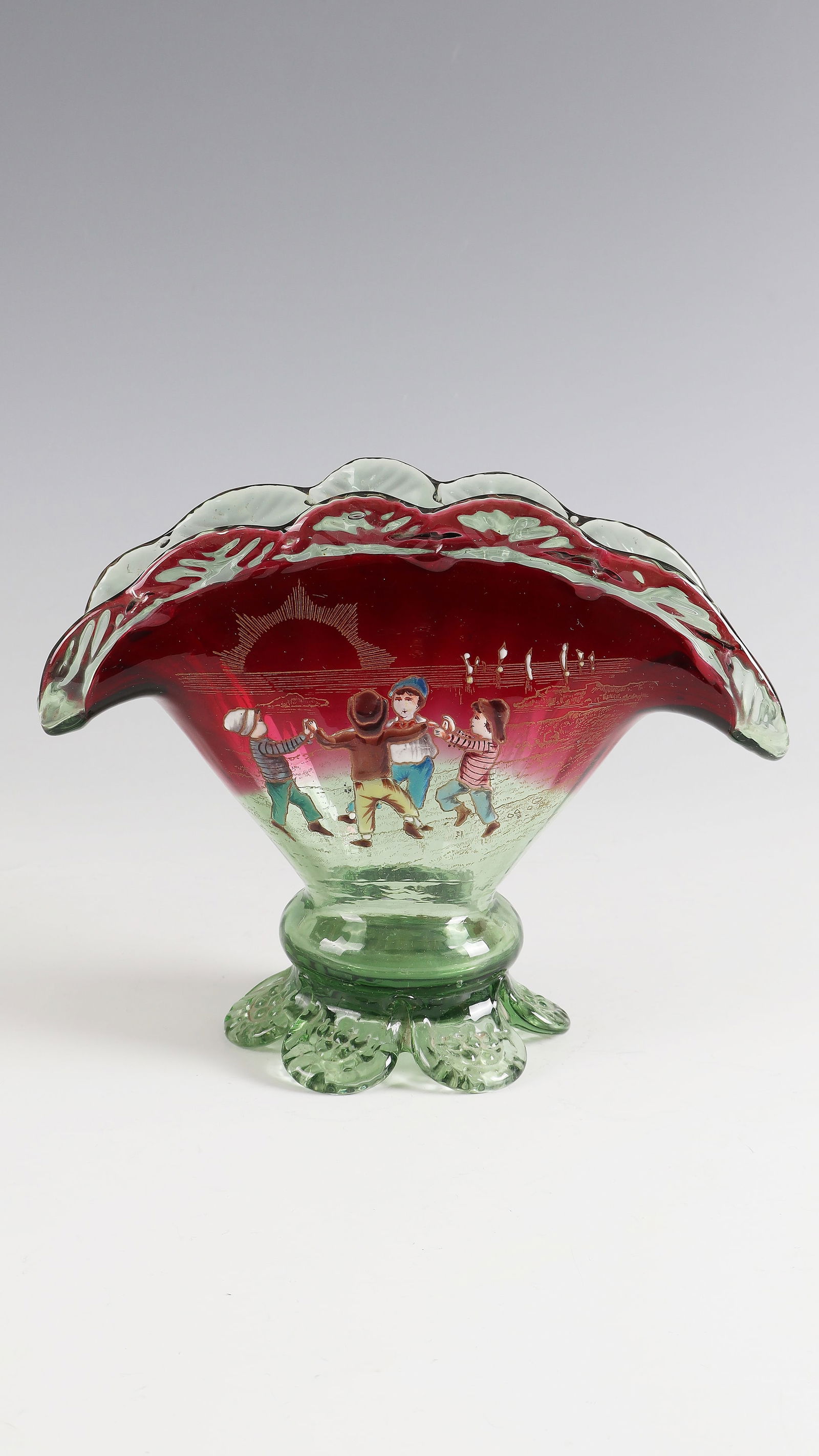 Fan vase with children's dance ''Ronde enfantine à la plage'': Fan vase with children's dance ''Ronde enfantine à la plage'' Cristallerie de Clichy, 1880 - 1888 Light green, ruby red glass with appliqués. Decor in colorful opaque enamel and gold. H. 17.5 cm