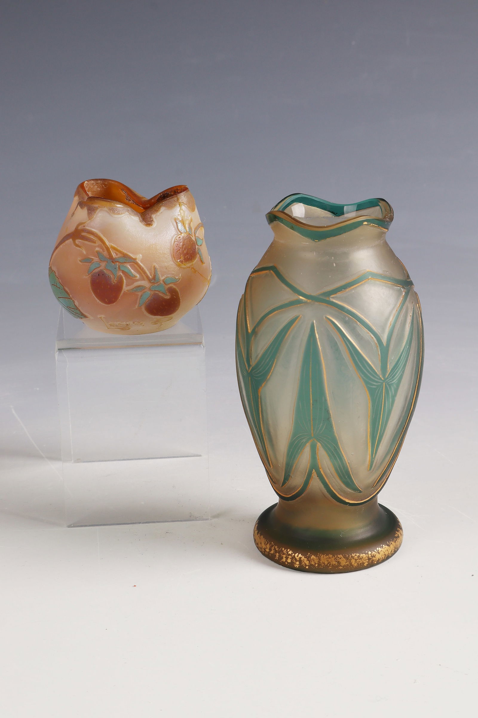 2 vases with strawberries and calla leaves: 2 Vases with Strawberries and Calla Leaves Legras, Verreries de Saint - Denis, 1900 - 1910 and Louis Damon (Au Vase Étrusque), circa 1900 Colorless glass with turquoise overlay. Relief-etched,