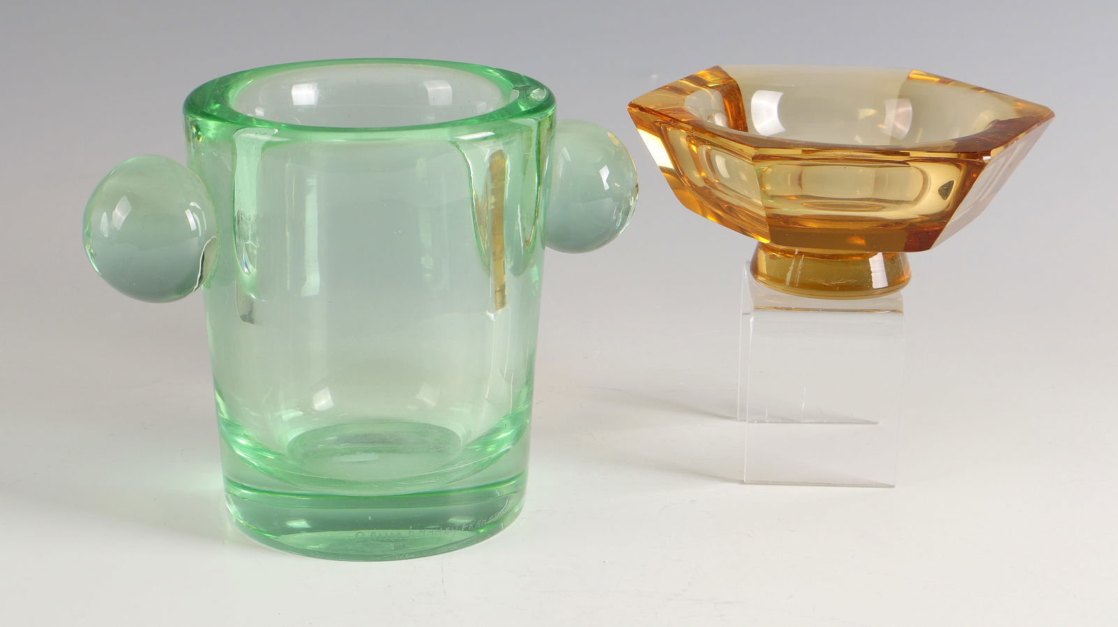 Foot bowl and vase with ball appliqués: Foot bowl and vase with ball appliqués Daum Frères, Nancy, 1930 - 1935 Brown and green glass, cut and partially fused together. Inscription: DAUM NANCY with Lorraine cross and the addition FRANCE (e